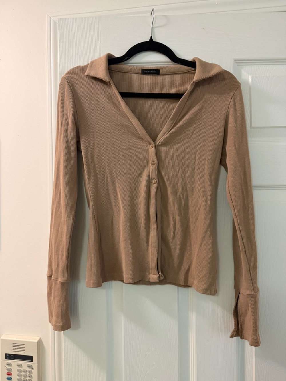 Dynamite Ribbed Button-Down Long Sleeve Top - Taupe